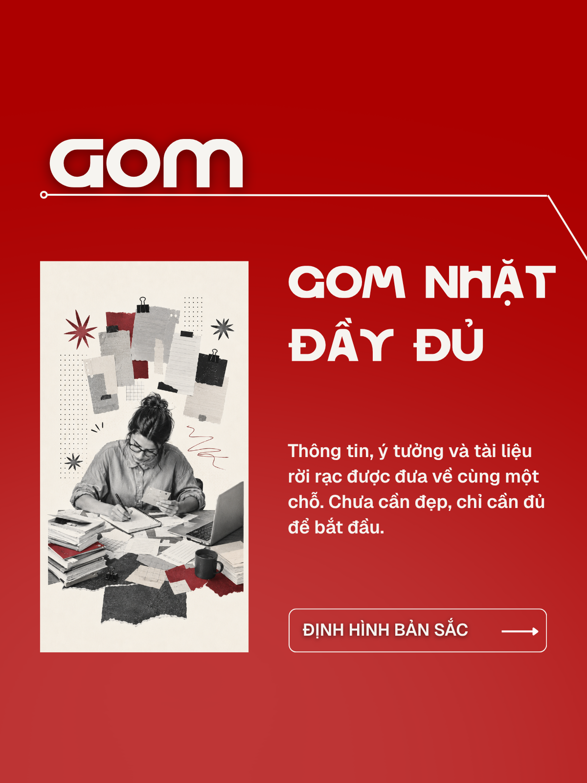 Người làm việc đang tập hợp ý tưởng, ghi chú, dự án và tài liệu để xây dựng định danh công việc rõ ràng.