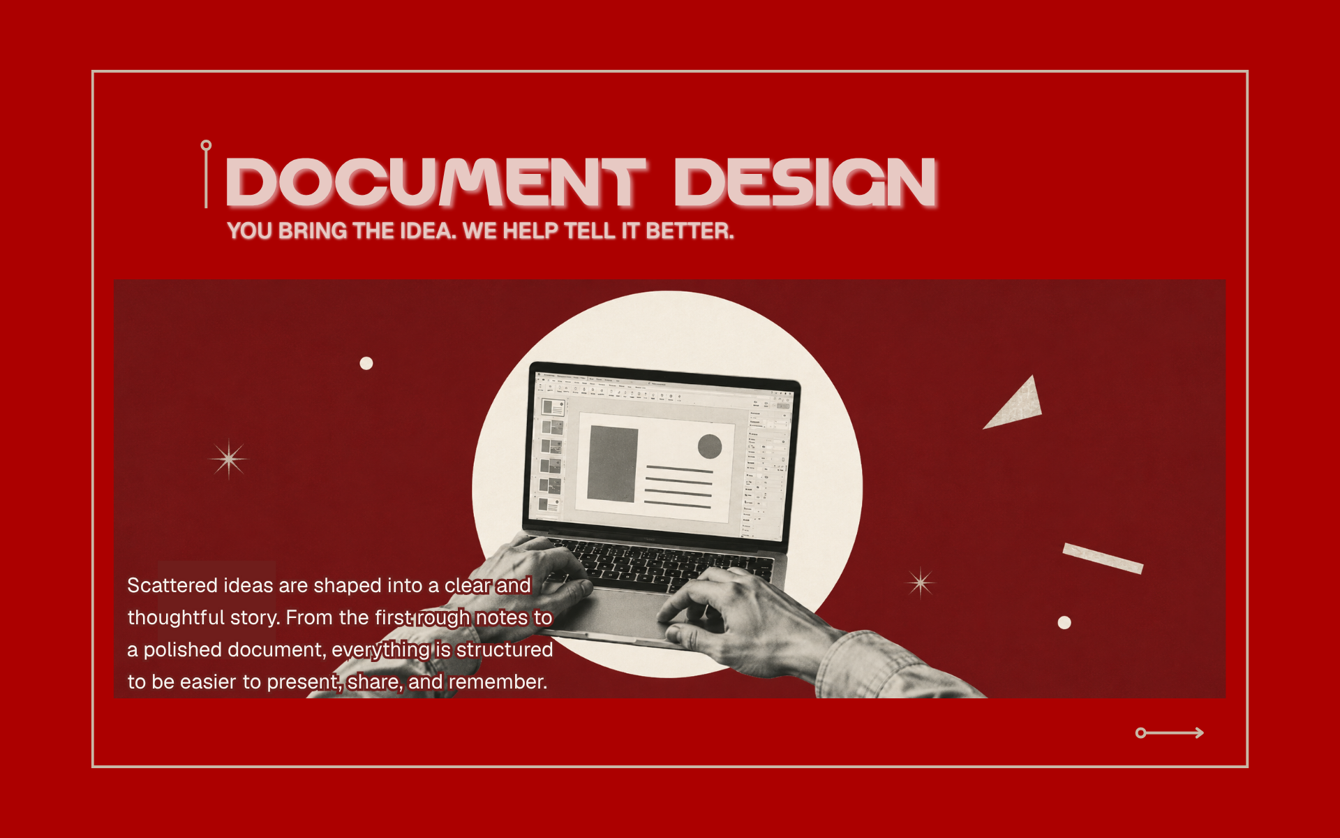 Hands working on a laptop to design a professional document, turning scattered ideas into a clear and structured visual story.