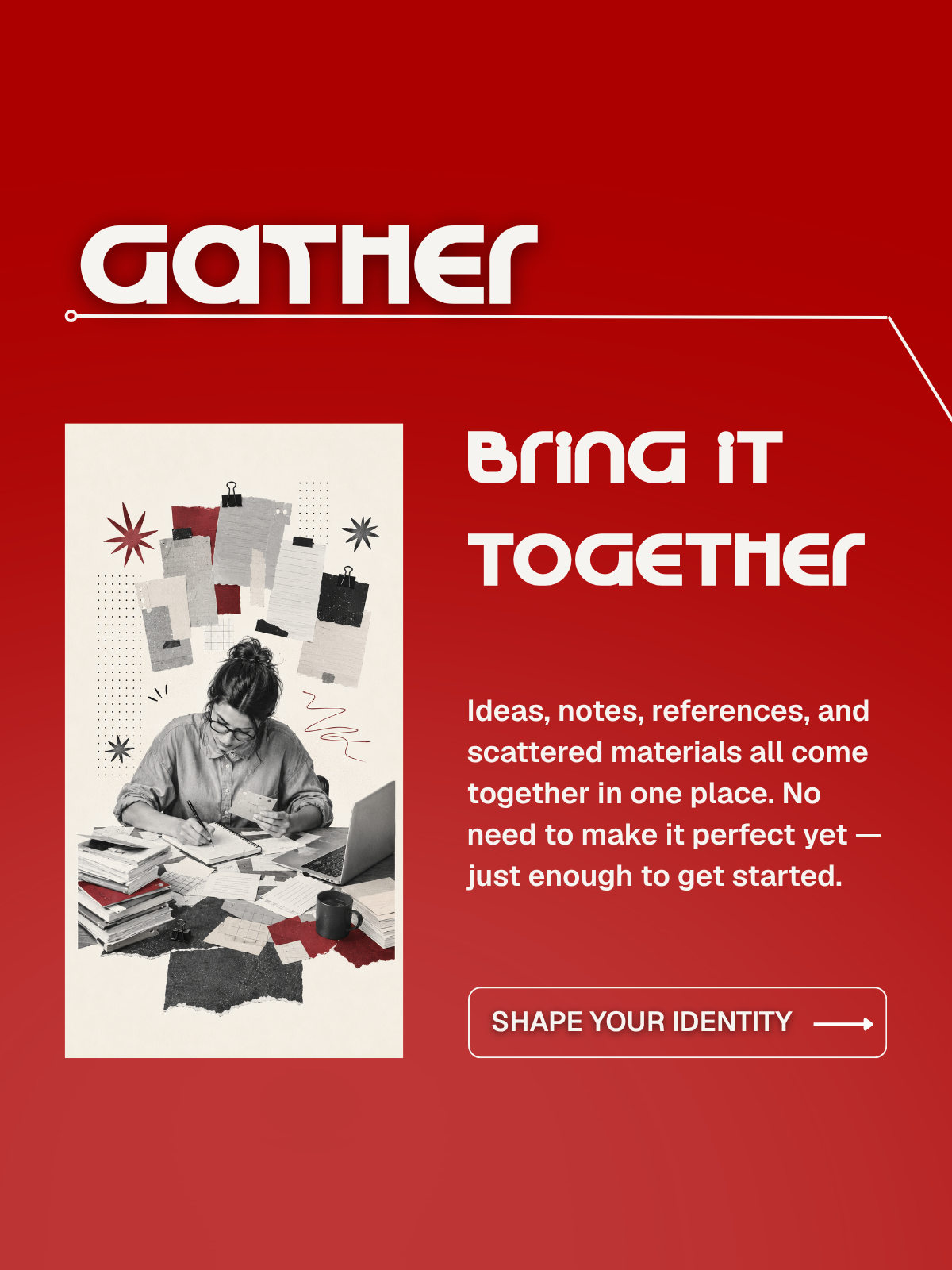 Creative professional gathering ideas, notes and work materials to build a clear professional identity with Forwork.